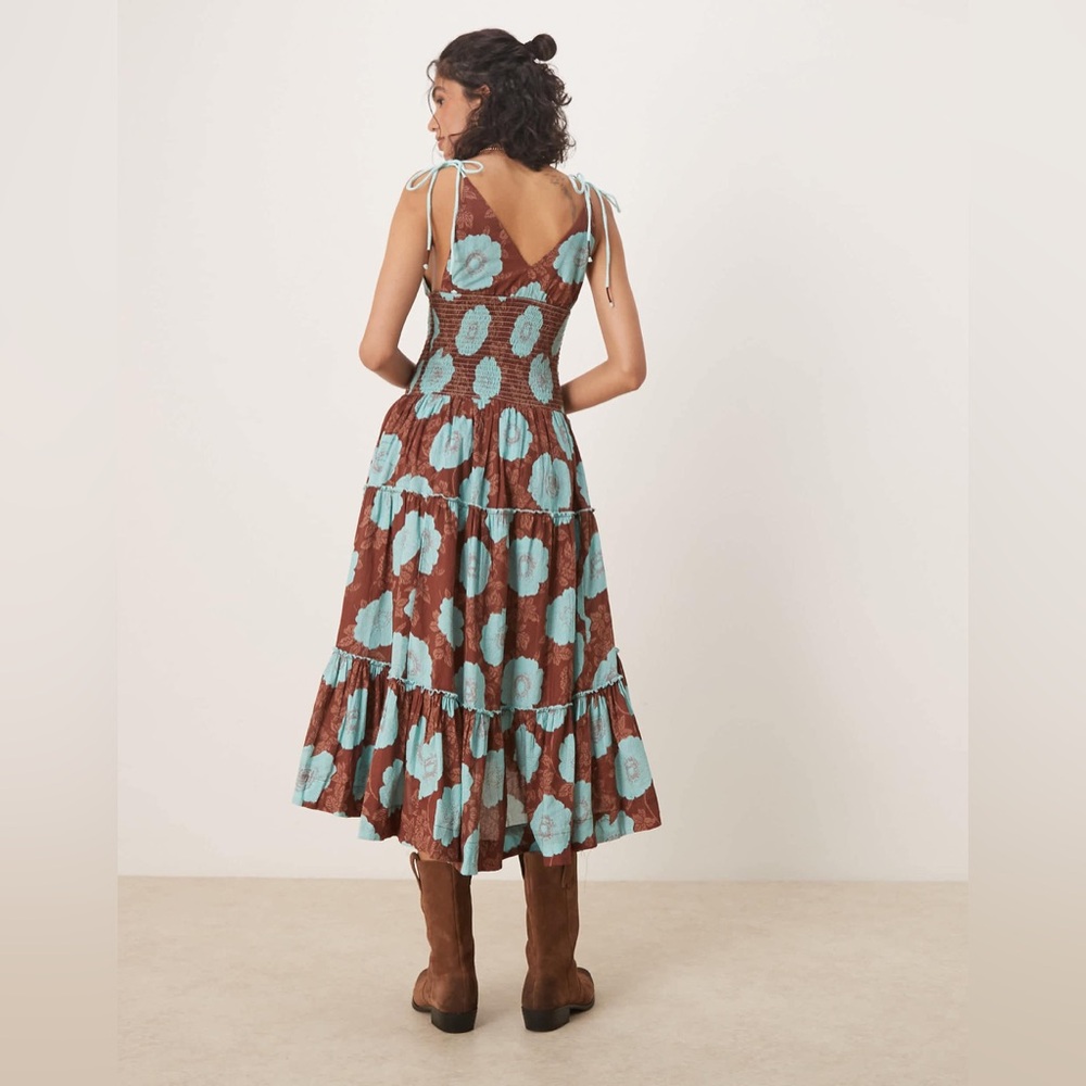 Free People Brown and Aqua Floral Tiered Midi Dress - Picture 4 of 8